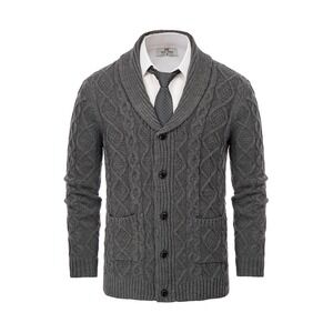 PAUL JONES Gray Fisherman Knit Sweater Button Shawl Collar Pockets Men's L